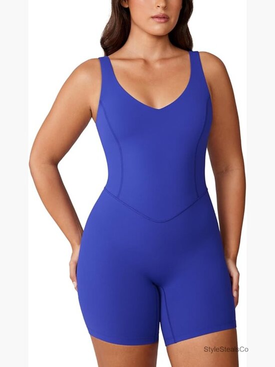 Pants - V Neck Jumpsuit with Built in Bra Sleeveless Athletic Romper Shorts Workout One